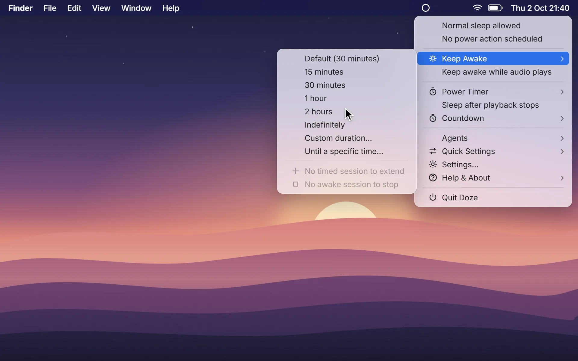 Starting a two-hour Keep Awake session from Doze’s menu on macOS