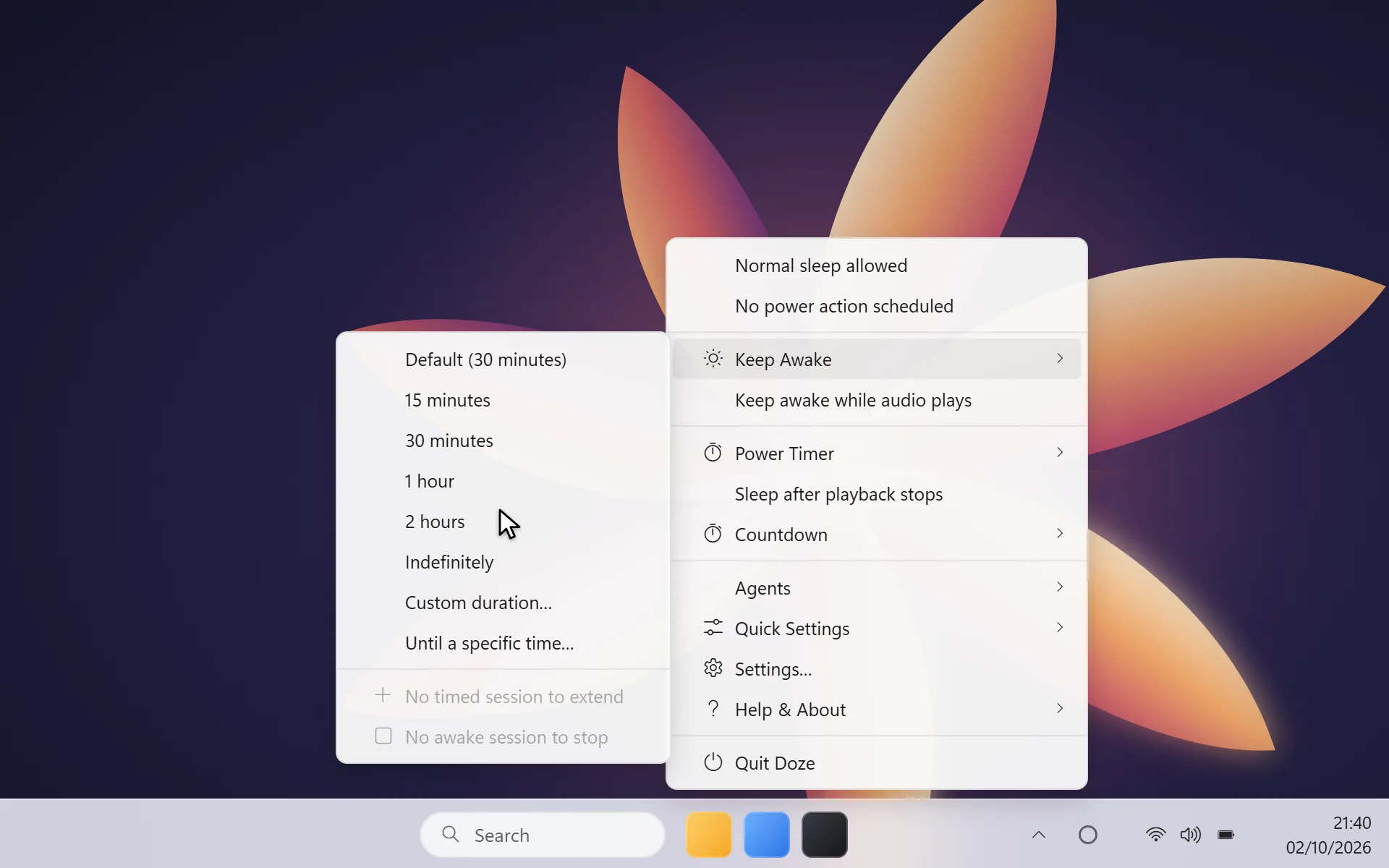 Starting a two-hour Keep Awake session from Doze’s menu on Windows